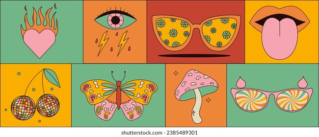 Set of retro groovy stickers with psychedelic mushrooms, cherry, flower, lips, eyes, sunglasses and more. 70s-inspired vector illustrations.