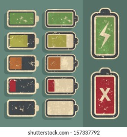 Set of retro grunge battery level indicator icons