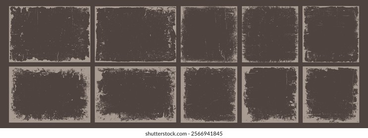 Set of retro grunge overlay frame or texture, dirty ink paint brush stroke silhouette, distressed watercolor border, torn paper background, social media business banner and photo collage pattern