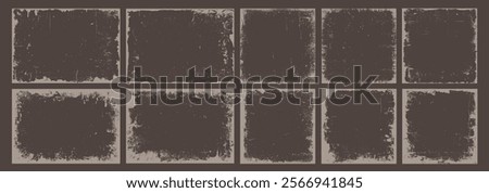 Set of retro grunge overlay frame or texture, dirty ink paint brush stroke silhouette, distressed watercolor border, torn paper background, social media business banner and photo collage pattern