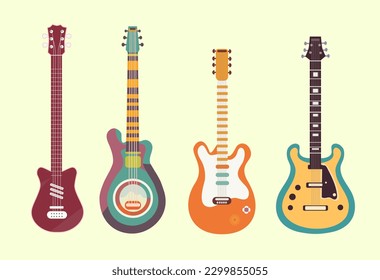 Set of retro guitars and electric guitars. Hippie groovy retro vibe  
