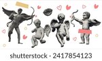 Set of retro halftone angels cupid with wings for design of Valentine's Day. Halftone texture, dot pop art style. Vector illustration of vintage grunge  design of 90s.