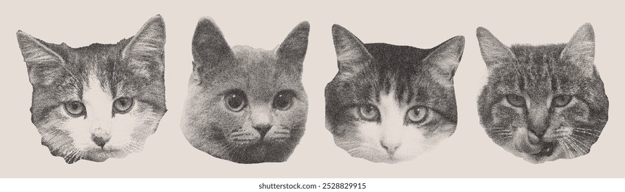 Set of retro halftone cat heads. Stipple photocopy effect