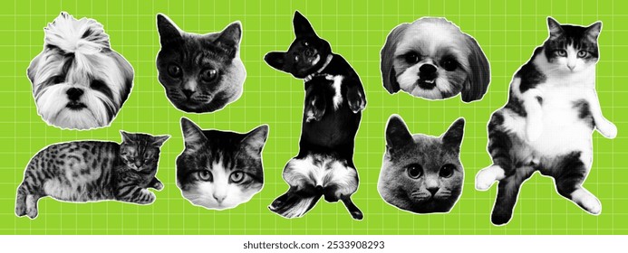 Set of retro halftone cats and dogs. Vector elements in dotted pop art style. Y2k collage design