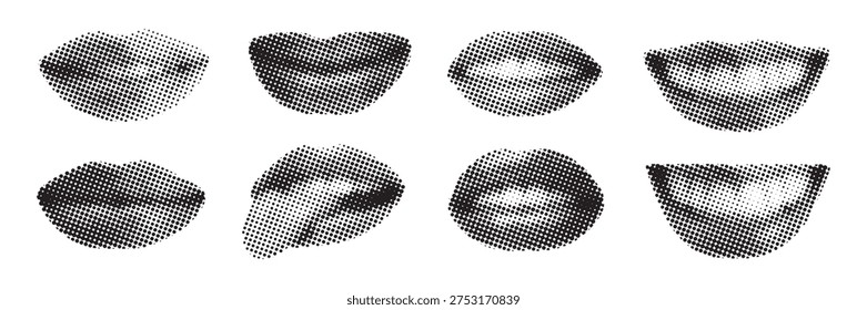 Set of Retro Halftone collage lips gesture. Dotted modern retro urban pop art style. Trendy vintage newspaper pieces. Halftone collage elements.