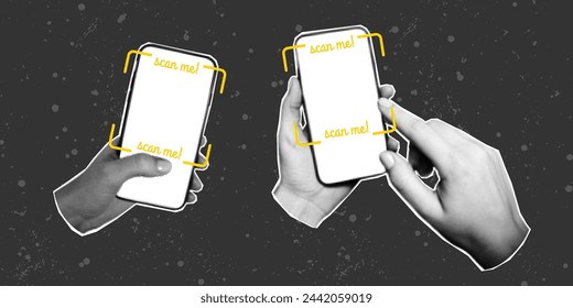 Set Of retro halftone collages of a hand with a phone. Scrolling, social networks, vector image on a textured gritty background. Place for QR code and yellow inscription scan me, grunge frame.