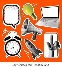 Set of retro halftone design elements. Paper cutout elements of alarm clock, loudspeaker, rocket, pointing hand, speech bubble, light bulb, laptop. Modern collage