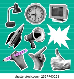 Set of retro halftone design elements. Paper cutout elements with alarm clock, loudspeaker, computer, rocket, hands. Modern collage