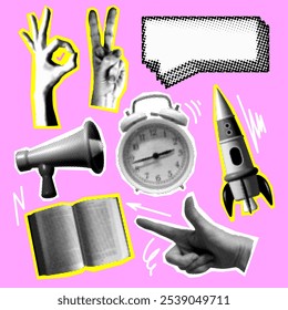 Set of retro halftone design elements. Paper cutout elements with alarm clock, loudspeaker, rocket, pointing hand, speech bubble. Modern collage