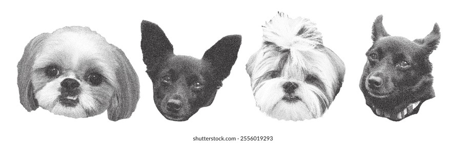 Set of retro halftone dog heads. Stipple photocopy effect