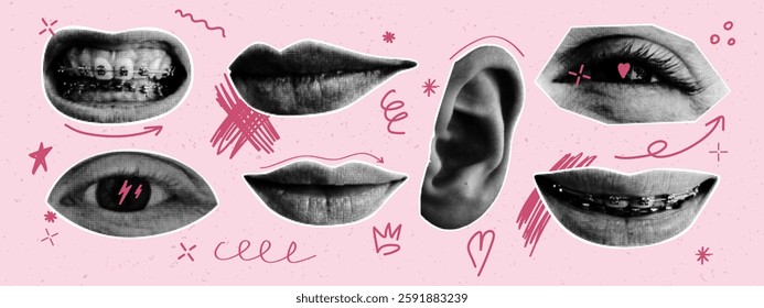 Set of retro halftone eyes, lips and ear. Collage elements with cutout shape and doodle elements. Modern vector illustration