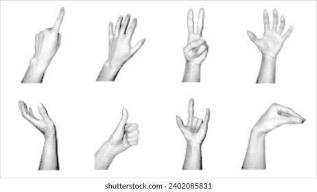 Set of retro halftone hands . Collage element with hands and cutout shape vector illustration