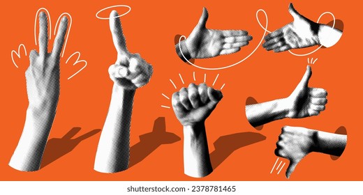 Set of retro halftone hands. Paper cutout elements. Hands gesture. Y2K style. Trendy vintage newspaper parts. Halftone collage element. Dotted pop art style. Like, dislike, shaking hands, index finger