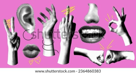 Set of retro halftone hands. Paper cutout elements. Hands gesture ok. Y2K style. Trendy vintage newspaper parts. Halftone collage element. Dotted pop art style. Fuck you symbol, lips. Fist bump