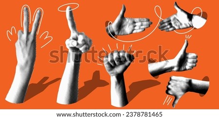 Set of retro halftone hands. Paper cutout elements. Hands gesture. Y2K style. Trendy vintage newspaper parts. Halftone collage element. Dotted pop art style. Like, dislike, shaking hands, index finger