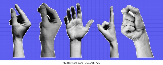 Set of retro halftone human hands gestures. Vector elements in pop art style