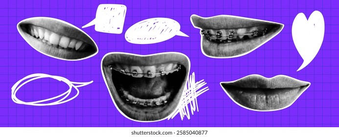 Set of retro halftone mouth and lips with speech bubbles. Dotted pop art style. Modern vector illustration