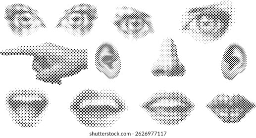 Set of retro halftone parts of body. Vector Halftone illustration. Elements with mouths, nose, eyes, hand, ears.