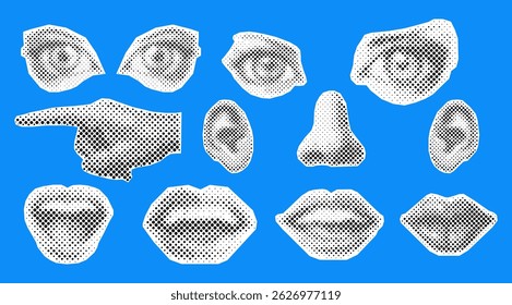 Set of retro halftone parts of body. Vector Halftone illustration. Paper cutout elements with mouths, nose, eyes, hand, ears.