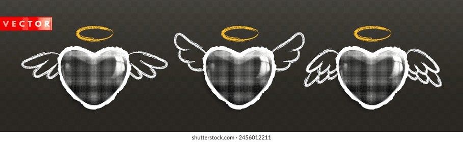 Set of retro halftone sticker hearts on torn paper. Paper cut hearts with wings on dark background. Love symbol for greeting cards, banners, poster, collages for Valentine's Day. Vector illustration