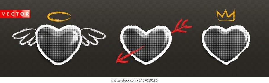 Set of retro halftone sticker hearts on torn paper. Paper cut hearts with wings, arrow and crown on dark background. Love symbol for banners, poster, collages for Valentine's Day. Vector illustration