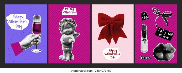 Set of retro halftone Valentine's Day posters with doodle shapes. Glass of wine, figurine, bow, lipstick, lips. Doodle stickers cut from magazine