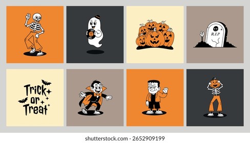 A Set of Retro Halloween Characters– Cute Skeletons, Pumpkin Heads, Ghosts, Frankenstein. Groovy Halloween Characters for cards, banners, print. Rubber hose, groovy style