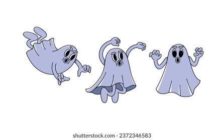 Set of Retro Halloween Ghost Characters. Vector Illustration for Halloween  in Vintage Cartoon Style