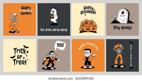 A Set of Retro Halloween Greeting Cards – Cute Skeletons, Pumpkin Heads, Ghosts,Frankenstein. Halloween card, banner design in modern retro vintage groovy 60s 70s style.