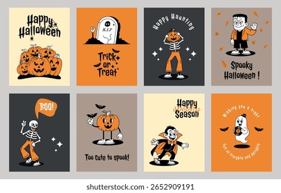 A Set of Retro Halloween Greeting Cards – Cute Skeletons, Pumpkin Heads, Ghosts, Frankenstein. Groovy Halloween Characters, cards, banners