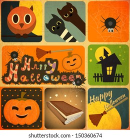 Set of Retro Halloween Labels in Vintage Style. Vector Illustration.