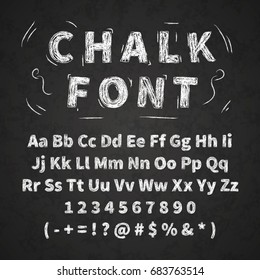 Set of retro hand drawn alphabet letters drawing with white chalk on black chalkboard