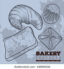 Set of retro hand drawn bakery products, Vector illustration