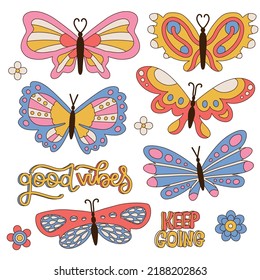 Set with retro hand drawn butterflies. Summer simple minimalist buttrerfly. 70s style daisies. Vector childish linear hand drawn illustration.