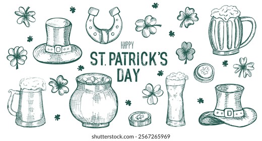 Set of retro hand drawn elements for Happy St Patrick's day. Clovers, leprechaun hat, beer mugs. Great for invitation, greeting cards, banners and posters. Vector illustration