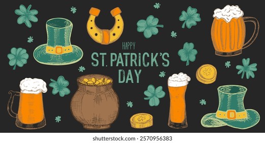 Set of retro hand drawn elements for Happy St Patrick's day. Clovers, leprechaun hat, beer mugs. Great for invitation, greeting cards, banners and posters. Vector illustration