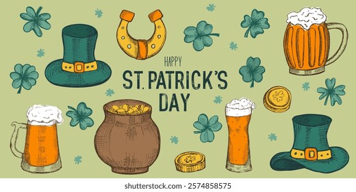 Set of retro hand drawn elements for Happy St Patrick's day. Clovers, leprechaun hat, beer mugs. Great for invitation, greeting cards, banners and posters. Vector illustration