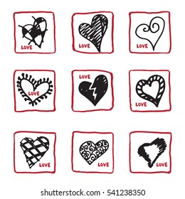 Set of retro hand-drawn icon for valentines and wedding day. Vector illustrations