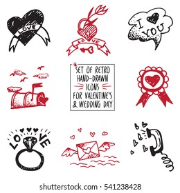 Set of retro hand-drawn icon for valentines and wedding day. Vector illustrations