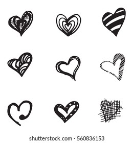 Set of retro hand-drawn icon for valentines and wedding day. Black on white background Vector illustrations