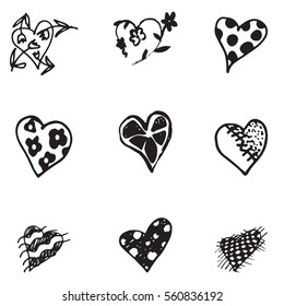 Set of retro hand-drawn icon for valentines and wedding day. Black on white background Vector illustrations