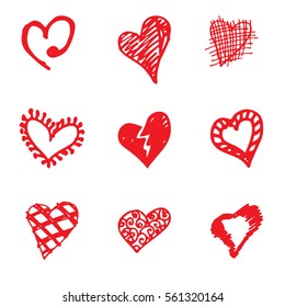Set of retro hand-drawn icon for valentines and wedding day. Red on white background Vector illustrations