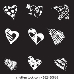 Set of retro hand-drawn icon for valentines and wedding day. White on black background Vector illustrations