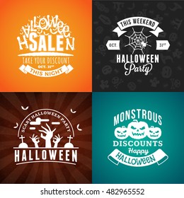 Set of Retro Happy Halloween Badges. Design Element for Greetings Card or Party Flyer. Vector Illustration. Halloween Posters Set.
