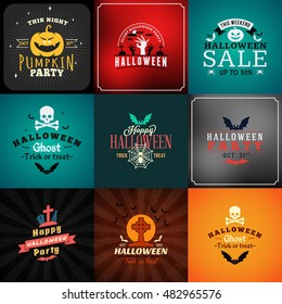 Set of Retro Happy Halloween Badges. Design Element for Greetings Card or Party Flyer. Vector Illustration. Halloween Posters Set.