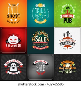 Set of Retro Happy Halloween Badges. Design Element for Greetings Card or Party Flyer. Vector Illustration. Halloween Posters Set.