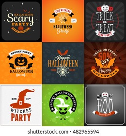 Set of Retro Happy Halloween Badges. Design Element for Greetings Card or Party Flyer. Vector Illustration. Halloween Posters Set.
