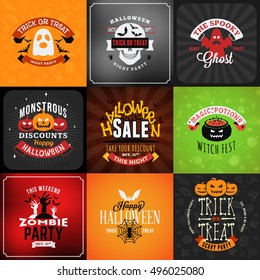 Set of Retro Happy Halloween Badges. Design Element for Greetings Card or Party Flyer. Vector Illustration. Halloween Posters Set.
