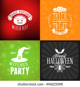 Set of Retro Happy Halloween Badges. Design Element for Greetings Card or Party Flyer. Vector Illustration. Halloween Posters Set.