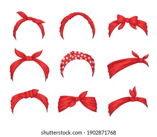 Set of retro headbands for woman. Collection of red bandanas for hairstyles. Windy hair dressing. Mockups of decorative hair knotted vintage scarves. Cute hairband or headdress vector illustration svg